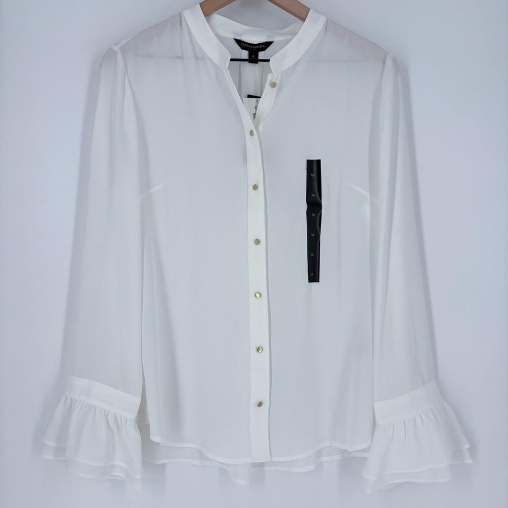 Banana Republic White Sheer Long Sleeve Blouse Ruffled Cuffs NWT